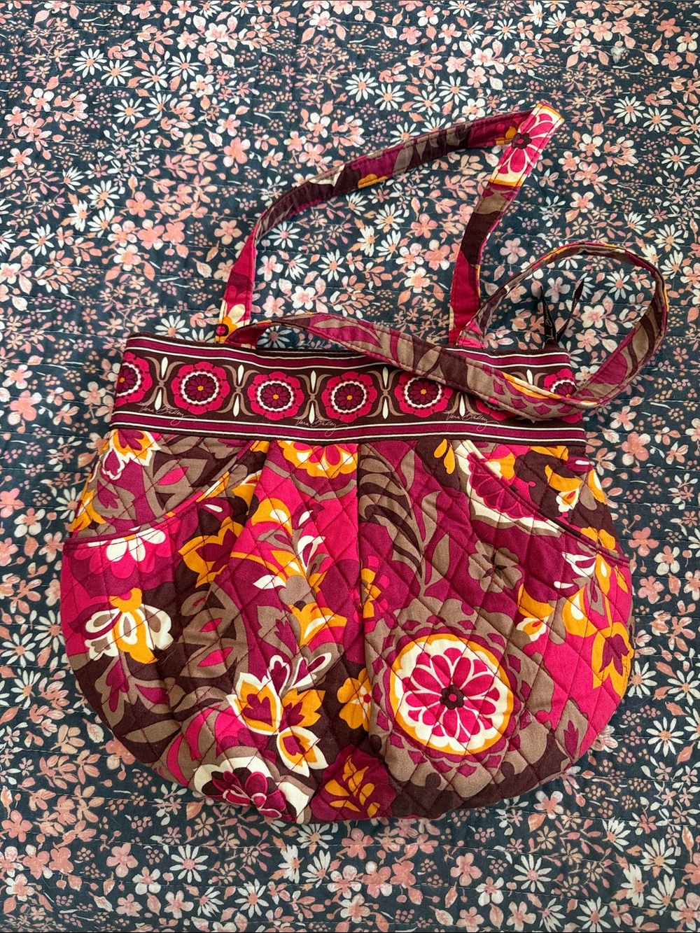 Vera Bradley Carnaby Quilted Floral Tote Bag in Fuchsia Pink and Brown